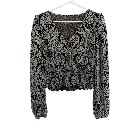 Anthropologie Tops - Anthropologie black and white floral vintage style ruffled v-neck blouse